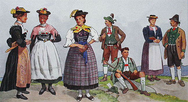 人,传统服装,时尚,衣服,德国,服饰,巴伐利亚,19世纪,插画,欧洲