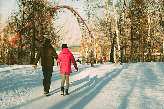 男人,走,冬天,公园,女孩,背景,桥