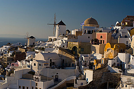 希腊,岛屿,锡拉岛,城镇,许多,家,悬崖,边缘,老,时间,风车