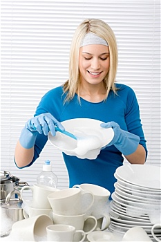 现代,厨房,高兴,女人,洗碗