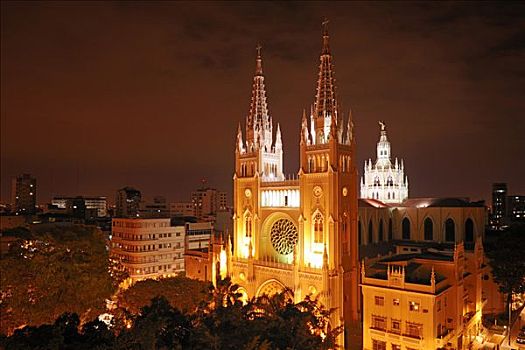 新,哥特式,大教堂,窗户,夜晚,展示,瓜亚基尔,厄瓜多尔,南美
