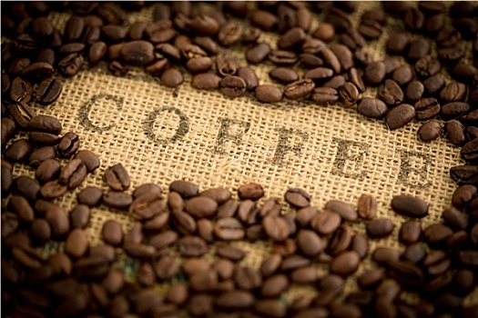 咖啡豆,围绕,文字,咖啡,粗麻袋
