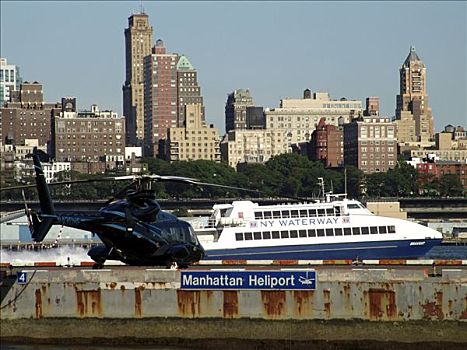 美国,纽约,曼哈顿,直升机场,市区,东河,天际线,布鲁克林,高度,水系,渡船