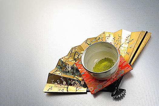 特写,日本茶,杯子,折扇