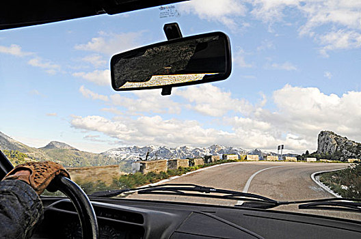 风景,汽车,窗户,驾驶,弯曲,山,道路,山峦,白色海岸,阿利坎特省,西班牙,欧洲