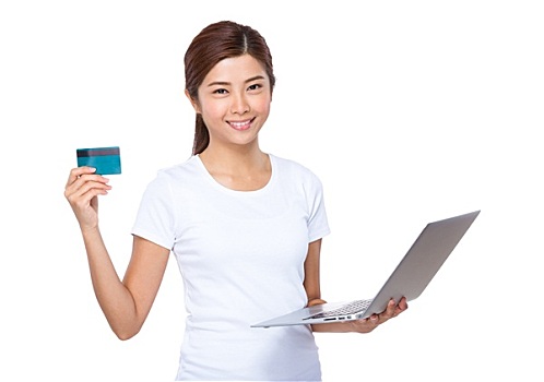 亚洲女性,使用,信用卡,网上购物