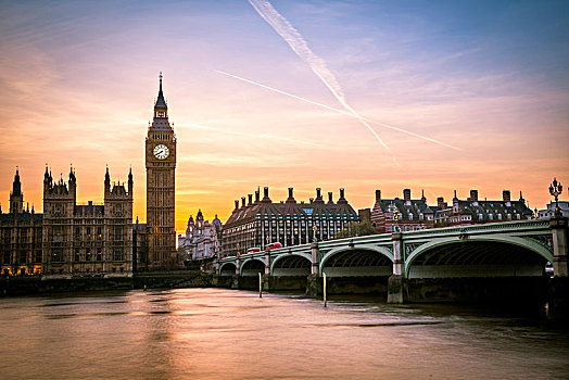 大本钟,黃昏,夜光,日落,议会大厦,威斯敏斯特桥,泰晤士河,威斯敏斯特,伦敦,区域,英格兰,英国,欧洲