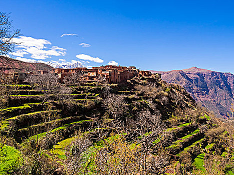 砖坯,乡村,山谷,后面,阿特拉斯山脉,摩洛哥,非洲