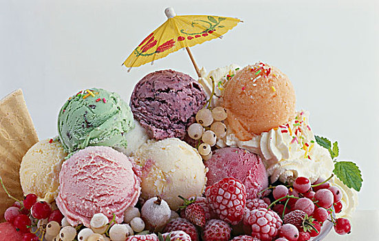 多样,舀具,冰淇淋,冰冻,浆果,奶油,鸡尾酒装饰伞