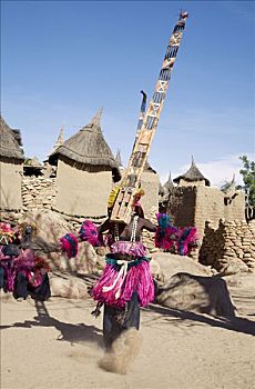 马里,多贡人居住区,蒙面舞,戴着,面具,多贡,乡村,石头,壮观,跳舞