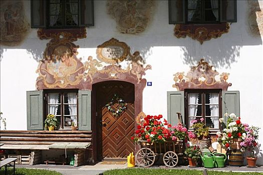 房子,壁画,手推车,上巴伐利亚,德国,欧洲