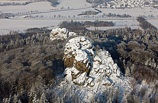 航拍,四个,大,石头,位于,山,雪,冬天,藻厄兰,北莱茵威斯特伐利亚,德国,欧洲