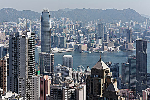 地区,中心,摩天大楼,两个,国际金融中心,维多利亚港,九龙,风景,顶峰,太平山,香港岛,香港,中国,亚洲