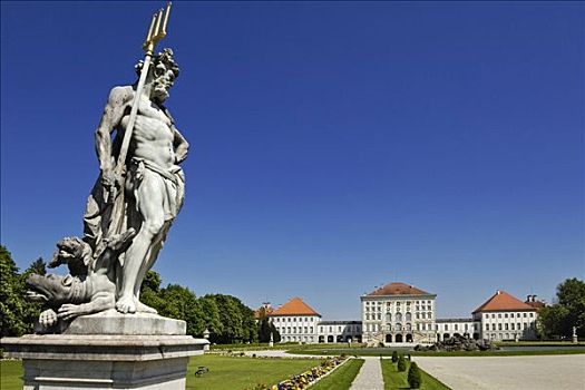 波塞冬,雕塑,正面,城堡,慕尼黑,巴伐利亚,德国,欧洲