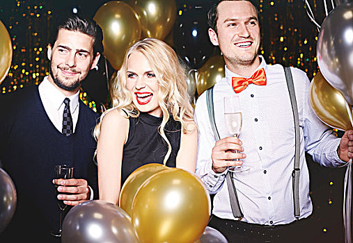 头像,三个人,聚会,围绕,气球,拿着,香槟酒杯