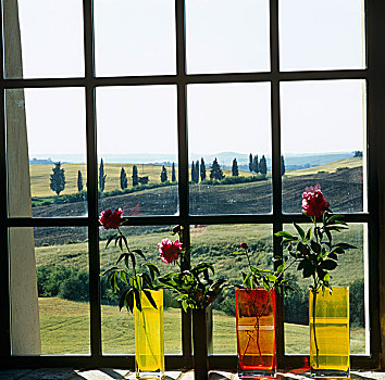 有色玻璃,花瓶,放置,窗台,远景,托斯卡纳,山