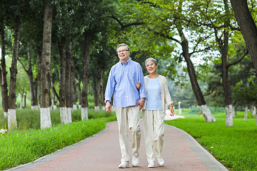 幸福的老年夫妇在公园散步