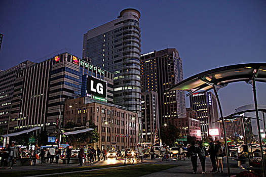 广场,市区,首尔,夜晚,韩国,亚洲