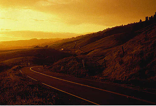 日落,上方,弯路,山,加利福尼亚,美国