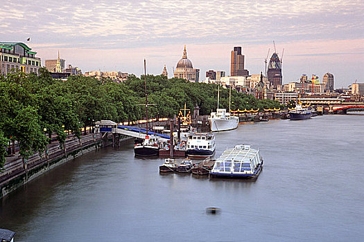 英格兰,伦敦,堤,泰晤士河,河,城市,天际线,黄昏