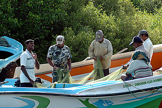 渔民,准备,检查,渔网,深海,捕鱼,船,舷外,纤维,玻璃,斯里兰卡,七月,2005年