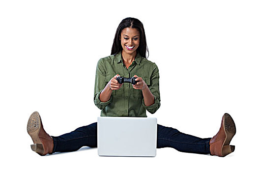 女人,玩,电子游戏,笔记本电脑,白色背景,美女