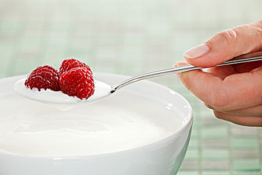 握着,勺子,酸奶,树莓