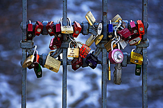 彩色,挂锁,喜爱,锁,栏杆,桥,吕内堡,下萨克森,德国,欧洲