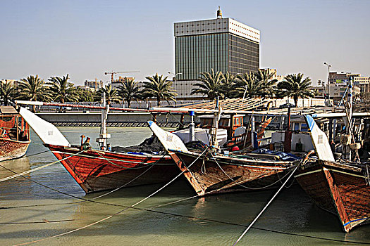 卡塔尔,多哈,独桅三角帆船,港口,传统,船,中央银行