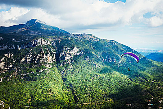 滑翔伞,飞行,俯视,山谷,山