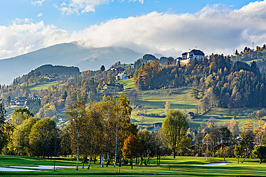城堡,萨尔察赫河,山谷,高尔夫球场,萨尔茨堡,奥地利