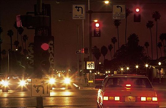 红绿灯,汽车,光影,尾灯,夜晚,街道,洛杉矶,美国,北方