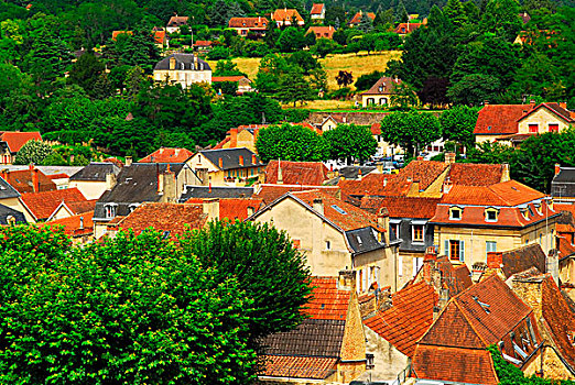 红色,屋顶,中世纪,房子,萨尔拉,区域,法国