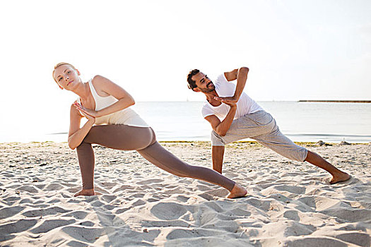 健身,运动,友谊,生活,概念,情侣,制作,瑜伽练习,海滩