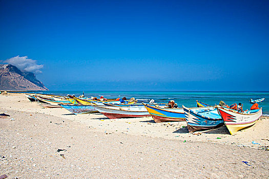 彩色,渔船,海滩,岛屿,索科特拉岛,也门,亚洲