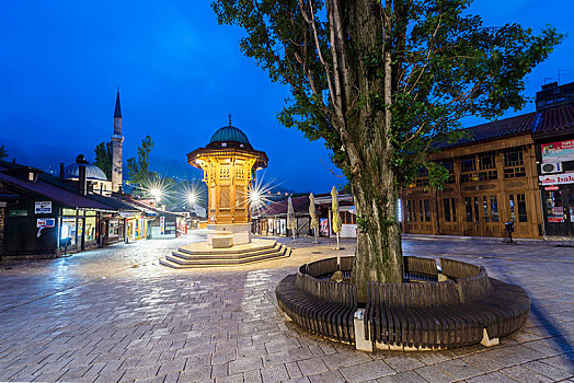 光亮,木质,喷泉,日出,老,市场,萨拉热窝,波斯尼亚,黑塞哥维那,欧洲