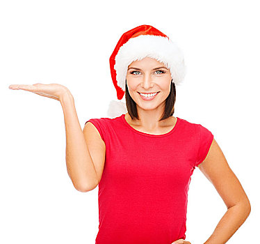 圣诞节,圣诞,冬天,高兴,概念,微笑,女人,圣诞老人,帽子,手掌
