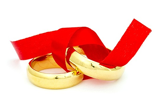 两个,黄金,戒指,系,红色,蝴蝶结