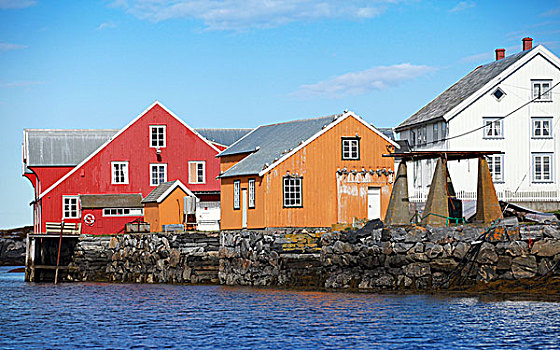 传统,挪威,乡村,彩色,木屋,岩石海岸