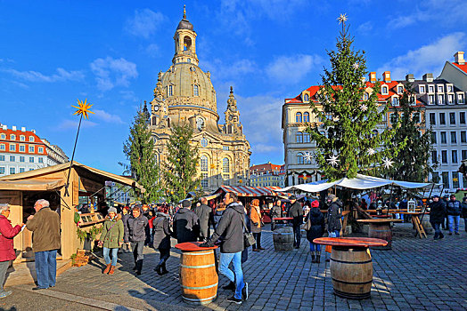圣诞市场,诺伊马克特,圣母教堂,德累斯顿,萨克森,德国,欧洲