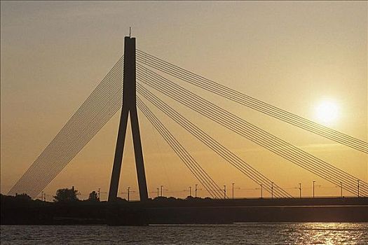 日落,桥,上方,道加瓦河,河,钢铁,线缆,里加,拉脱维亚,欧洲,波罗的海国家,欧盟新成员