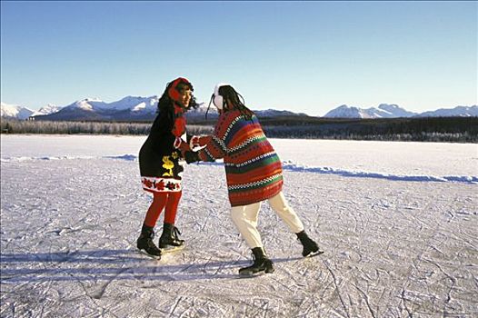 女孩,区域,湖,滑冰,雪,树,冬季,肖像,白色,冰