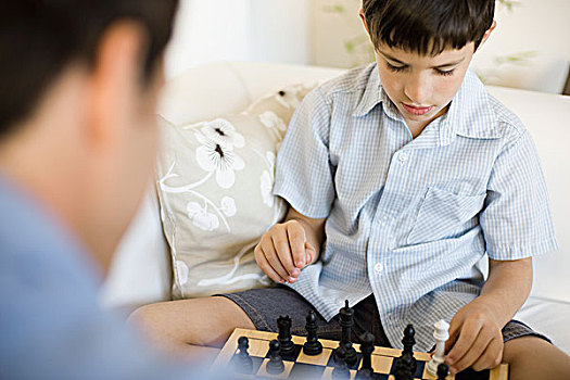 男孩,玩,下棋,父亲,局部