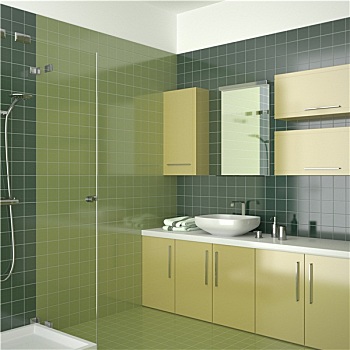 现代,浴室,绿色,砖瓦