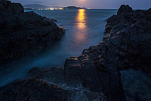 风景,海洋,石头,夜晚