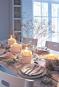 冬天,浪漫,餐桌,装饰,照亮,蜡烛,木头,篮子