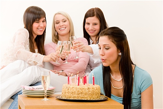 生日派对,女人,吹,蜡烛,蛋糕