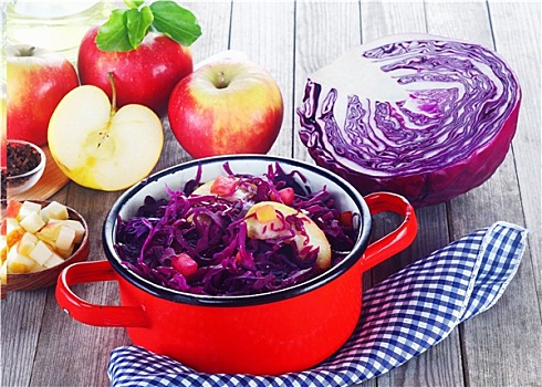 紫甘蓝,苹果,沙拉,烹饪,桌子