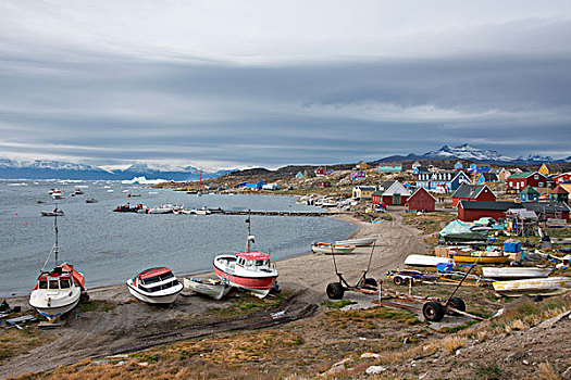 格陵兰,半岛,迪斯科湾,市区,港口,风景,遥远,住宅区,彩色,家,渔船,大幅,尺寸