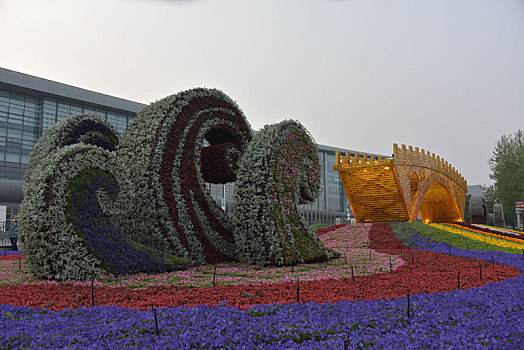 一带一路,高峰论坛主题花坛,丝路金桥,景观亮相北京奥林匹克公园